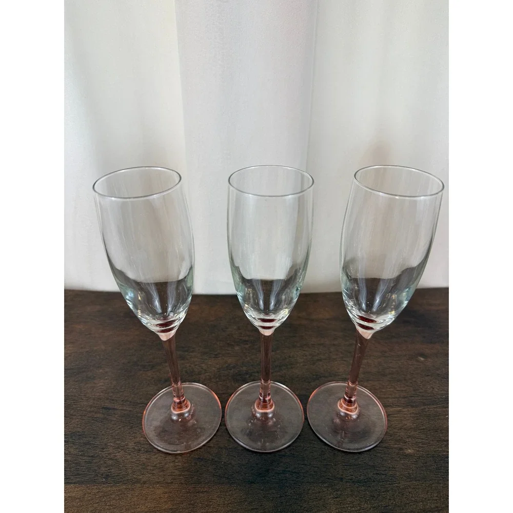 VTG 1980s Set of THREE Luminarc France Pink Stem Champagne‎ Flutes 9